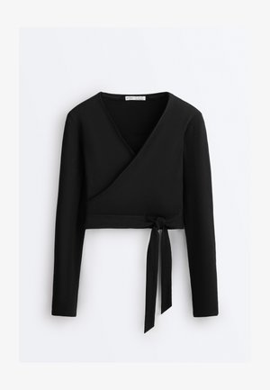 OYSHO RIB COTTON WRAP - Majica z dolgimi rokavi - black