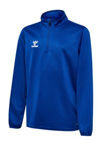 Blauwe fleece pullover met een hoge kraag, kwart rits, lange mouwen en een wit logo op de borst. Glad textuur, lichtgewicht materiaal.