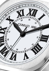Cerruti 1881 pulkstenis ir aprīkots ar sudraba nerūsējošā tērauda korpusu, baltu ciparnīcu ar melnām romiešu ciparnīcām, kā arī melniem stundu un minūšu rādītājiem.