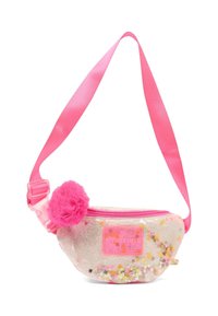 Marsupio in plastica trasparente con accenti rosa, contenente paillette colorate. Presenta un pom-pom in pelliccia rosa e una larga tracolla rosa. Chiusura a zip.