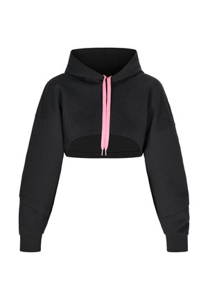 Zwarte cropped hoodie met een voorzak, roze trekkoorden en overmaatse mouwen. Gemaakt van zachte stof, met een capuchonontwerp.