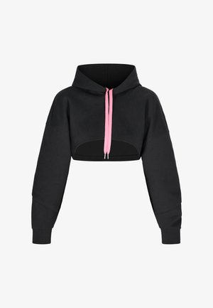 Fekete cropped kapucnis pulóver elülső zsebbel, rózsaszín kötőfűzőkkel és túlságosan bő ujjakból. Puha anyagból készült, kapucnis kialakítással.