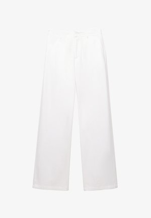 White wide-leg trousers made of cotton with a smooth texture. Features side pockets and a classic waistband with a front zipper.