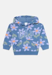 Felpa blu per bambini con motivo floreale viola e arancione, tasca frontale e logo "GAP" in grandi lettere bianche sul petto.