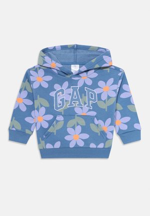 Felpa blu per bambini con motivo floreale viola e arancione, tasca frontale e logo "GAP" in grandi lettere bianche sul petto.