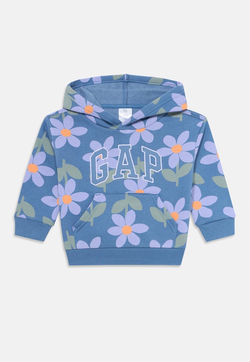 Felpa blu per bambini con motivo floreale viola e arancione, tasca frontale e logo "GAP" in grandi lettere bianche sul petto.