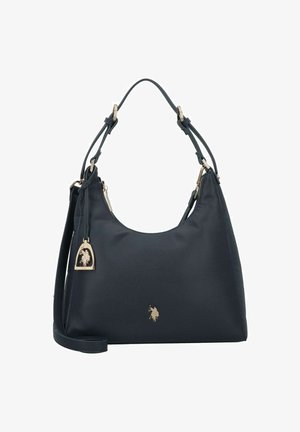 Borsa a spalla in pelle blu navy con texture liscia, accessori in tono oro e un ciondolo decorativo. Dotata di cinturini regolabili e forma arrotondata.