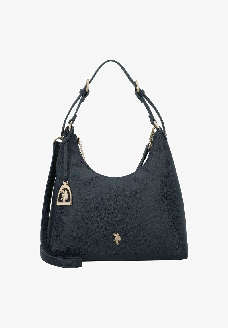 Borsa a spalla in pelle blu navy con texture liscia, accessori in tono oro e un ciondolo decorativo. Dotata di cinturini regolabili e forma arrotondata.