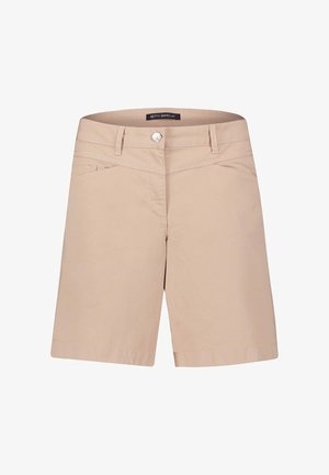 Beige bomulds shorts med lige snit, der har en frontknap lukning, to skrå forlommer og dekorative syninger.