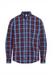 Langärmliges kariertes Hemd aus einer Mischung aus Rot, Blau und Schwarz. Mit Button-Down-Kragen, Brusttasche und schwarzen Knöpfen an der Knopfleiste.