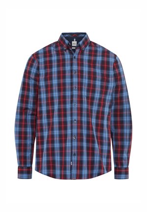 Camicia a maniche lunghe in plaid caratterizzata da una miscela di colori rossi, blu e neri. Colletto con bottoni, tasca frontale e bottoni neri sulla patta.