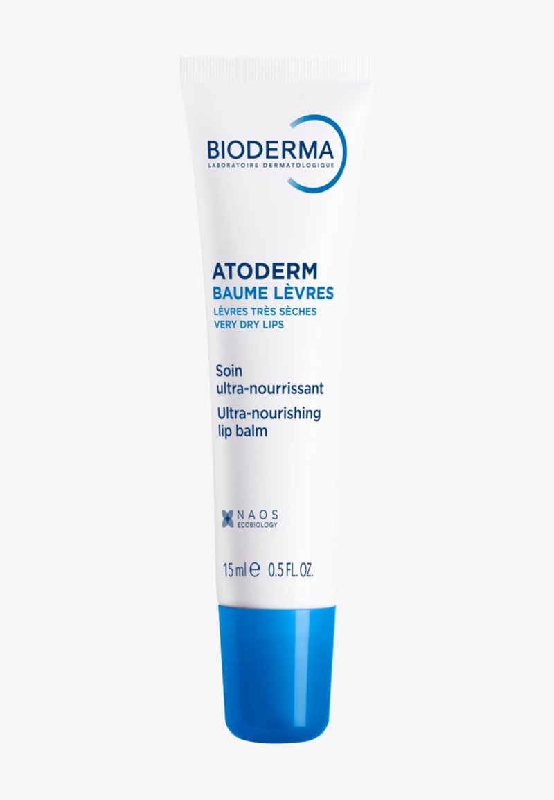 Bálsamo labial ultra-nutritivo Bioderma Atoderm para labios muy secos, tubo blanco de 15 ml con tapa azul y texto azul.
