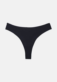 Μαύρο αδιάκοπο γυναικείο στρινγκ εσώρουχο με ζώνη μέσης χαμηλής γραμμής και στενό μπροστινό σχέδιο σε ανοιχτό φόντο.