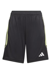 Bermudas atléticas negras con acentos laterales en verde lima, cinturilla elástica y logo bordado en blanco en la parte inferior derecha. Textura suave.