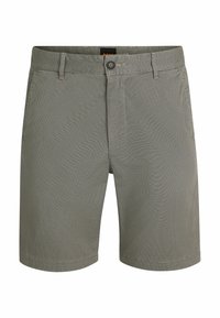 Pantaloni corti grigi a motivo, realizzati in tessuto tessuto. Presentano una vestibilità classica, tasche frontali, una chiusura con bottone e una texture sottile.