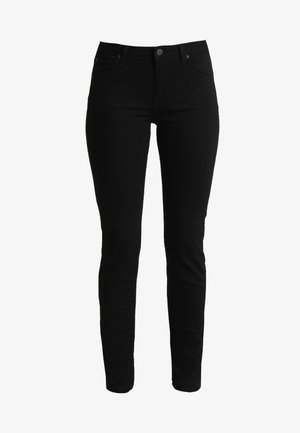 Jeans skinny neri realizzati in denim elasticizzato, con un classico design a cinque tasche, passanti per cintura e chiusura frontale con bottone.