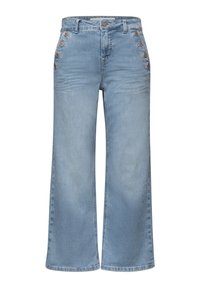 Jean large bleu clair taille haute avec boutons métalliques décoratifs le long des poches avant, fermeture par bouton et zip devant.