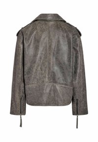Veste en daim gris foncé vue de dos avec col, pattes d'épaule et fermetures éclair aux poignets des manches.