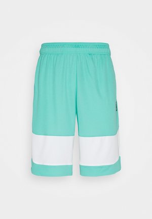 Short de sport turquoise clair avec taille élastique et bandes horizontales blanches près des ouvertures des jambes sur un fond uni.