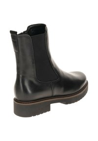 Zwarte leren Chelsea boot met een gladde afwerking, elastische zijpanelen en een rubberen zool met een gestructureerd profiel.