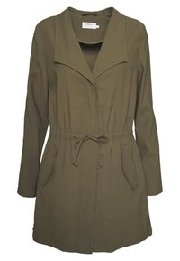 Olive green, long-sleeve coat with a collar, drawstring waist, and two front pockets. Made of soft fabric with a smooth texture.