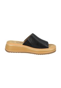 Sandali slide in pelle nera con design a punta aperta, interno imbottito e suola piatta di colore chiaro con fondo testurizzato.