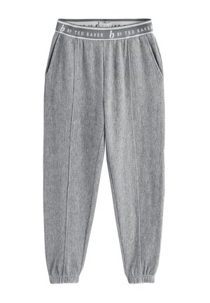 Grå ribbede loungewear sæt består af en langærmet top og matchende bukser, med en blød tekstur og en elastisk talje.