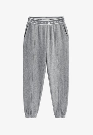 Das graue, gerippte Loungewear-Set besteht aus einem Langarmoberteil und einer passenden Hose, mit einer weichen Textur und einem elastischen Bund.