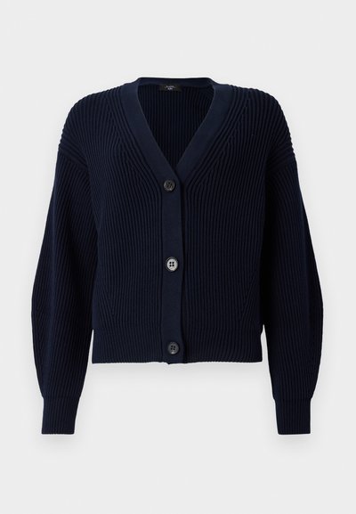 Ναυτικό ριμπ καρό cardigan με V λαιμόκοψη, δύο μεγάλες κουμπιά μπροστά και μακριά μανίκια με υφή.