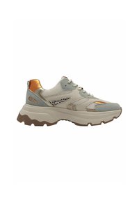 Chunky Sneaker mit einem hellgrauen Mesh-Obermaterial, dekorativen beige- und blauen Akzenten sowie einer orangefarbenen metallischen Fersenschlaufe. Texturierte Sohle für besseren Halt.