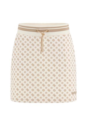 Short cotton skirt with a beige and cream patterned design, featuring a drawstring waist and two horizontal stripes at the top.