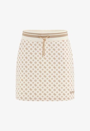 Krótka bawełniana spódnica w beżowo-kremowy wzór, z elastycznym pasem na sznurek i dwoma poziomymi paskami na górze.