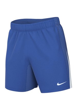 Blaue sportliche Shorts mit elastischem Bund, mit Mesh-Seitenteilen und einem weißen Nike-Logo am unteren linken Bein.