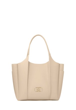 Beežist nahast käekott kahe sangaga, kahe küljetasku ja väikese kullakarva logoga esiküljel keskel.