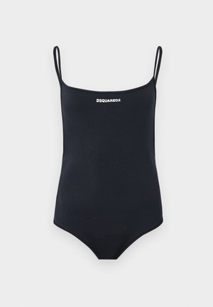 Zwarte eendelige badpak met dunne schouderbandjes en wit "DSQUARED2"-logo, gecentreerd vlak bij de halslijn.