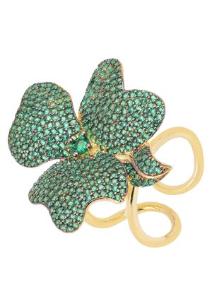 Gold-tone ring shaped like a flower, adorned with green stones, featuring three petals with detailed texture and a curved band.