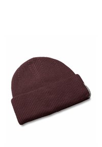 Beanie in magenta con una texture a coste e un risvolto piegato. Presenta dettagli di cucitura sottili e un piccolo tag con logo sul lato.