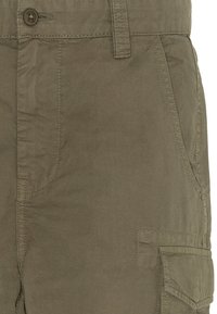 Pantalones cargo verde oliva fabricados con un tejido ligero que presenta costuras detalladas, bolsillos laterales y un cierre de botón en la cintura.