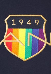 Ecusson en forme de bouclier avec bordure dorée, «1949» en haut, et des rayures arc-en-ciel avec une ligne en zigzag dorée, sur fond de tissu foncé.
