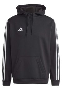 Zwarte hoodie gemaakt van zachte stof. Heeft witte strepen langs de mouwen en een voorzak in kangaroo-stijl. Zilveren logo op de borst.