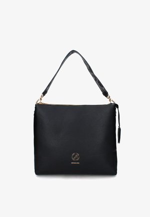 Zwarte rechthoekige handtas met een textuur handvat en een gouden rits, voorzien van een klein gouden logo in het midden van de voorkant.