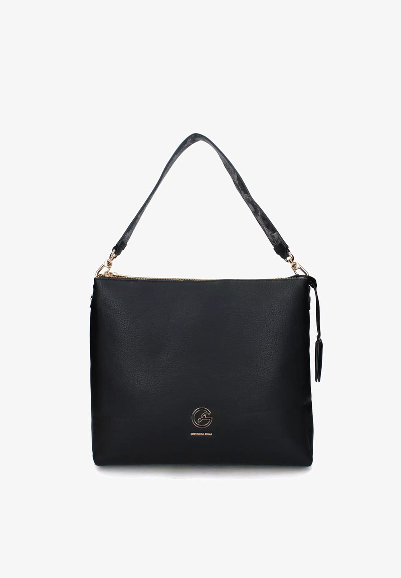 Borsa a tracolla nera rettangolare con manico testurizzato e cerniera dorata, con un piccolo logo dorato al centro anteriore.