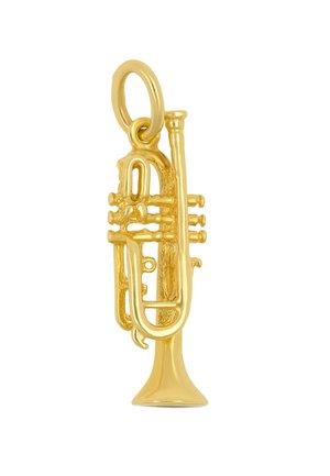 Kleiner glänzender goldener Trompetenanhänger mit detaillierten Ventilen und einer Öse zum Befestigen an einer Kette oder einem Armband.