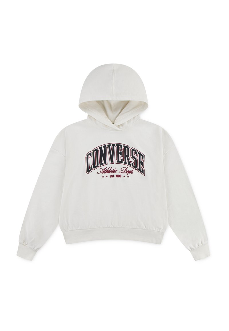 Sudadera blanca con capucha que presenta el logo "CONVERSE Athletic Dept." en rojo oscuro. Tejido suave con puños y dobladillo acanalados, ajuste informal.