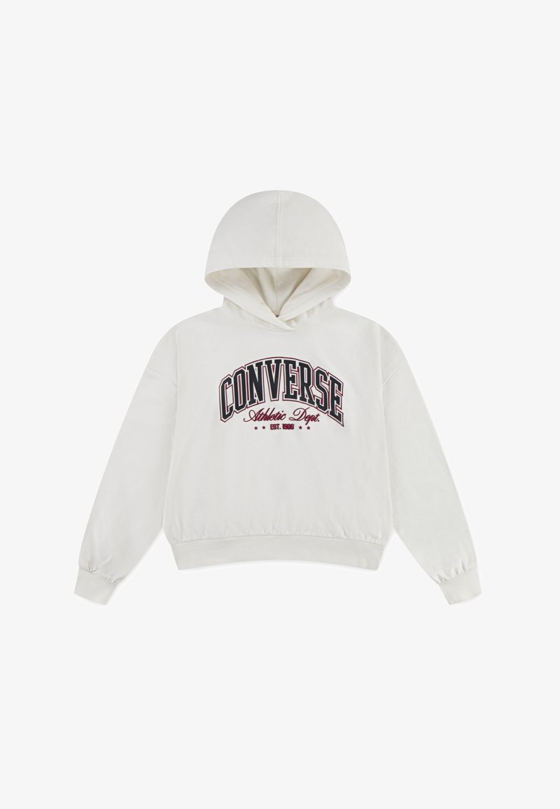 Hanorac alb cu glugă, având logo-ul "CONVERSE Athletic Dept." în roșu închis. Material moale, cu mansete și tiv ribbit, croială lejeră.