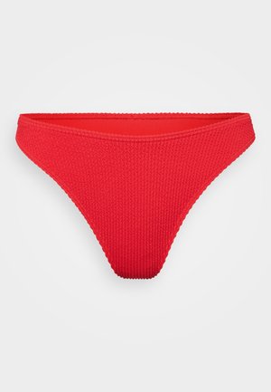 Roter Bikiniunterteil aus strukturiertem, geripptem Material. Verfügt über ein niedrig geschnittenes Design und einen schmalen Bund, geeignet für Badekleidung.