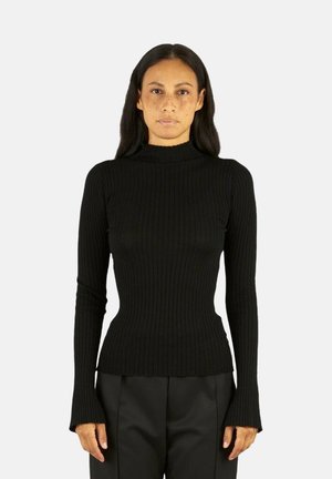 Maglione aderente a maniche lunghe in tinta unita nera con collo alto, caratterizzato da un tessuto testurizzato e un leggero svaso ai polsini.
