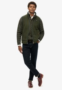 Zielona polarowa kamizelka na szarym swetrze dzianinowym, ciemne jeansy i brązowe skórzane buty. Zamek błyskawiczny z przodu i boczne kieszenie w kamizelce.