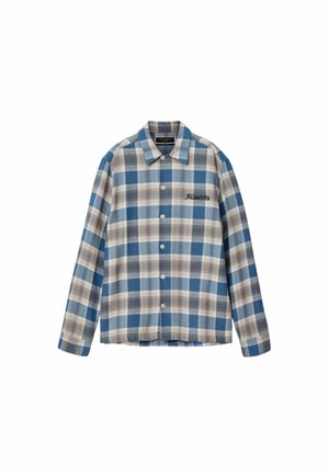 Blå, beige og hvid ternet skjorte med lange ærmer, knapper og krave samt "AllSaints"-logo broderet på venstre bryst.