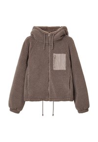 Veste en polaire marron avec capuche, dotée d'une poche poitrine zippée et d'un ourlet ajustable à cordon. Texture douce et coupe décontractée.